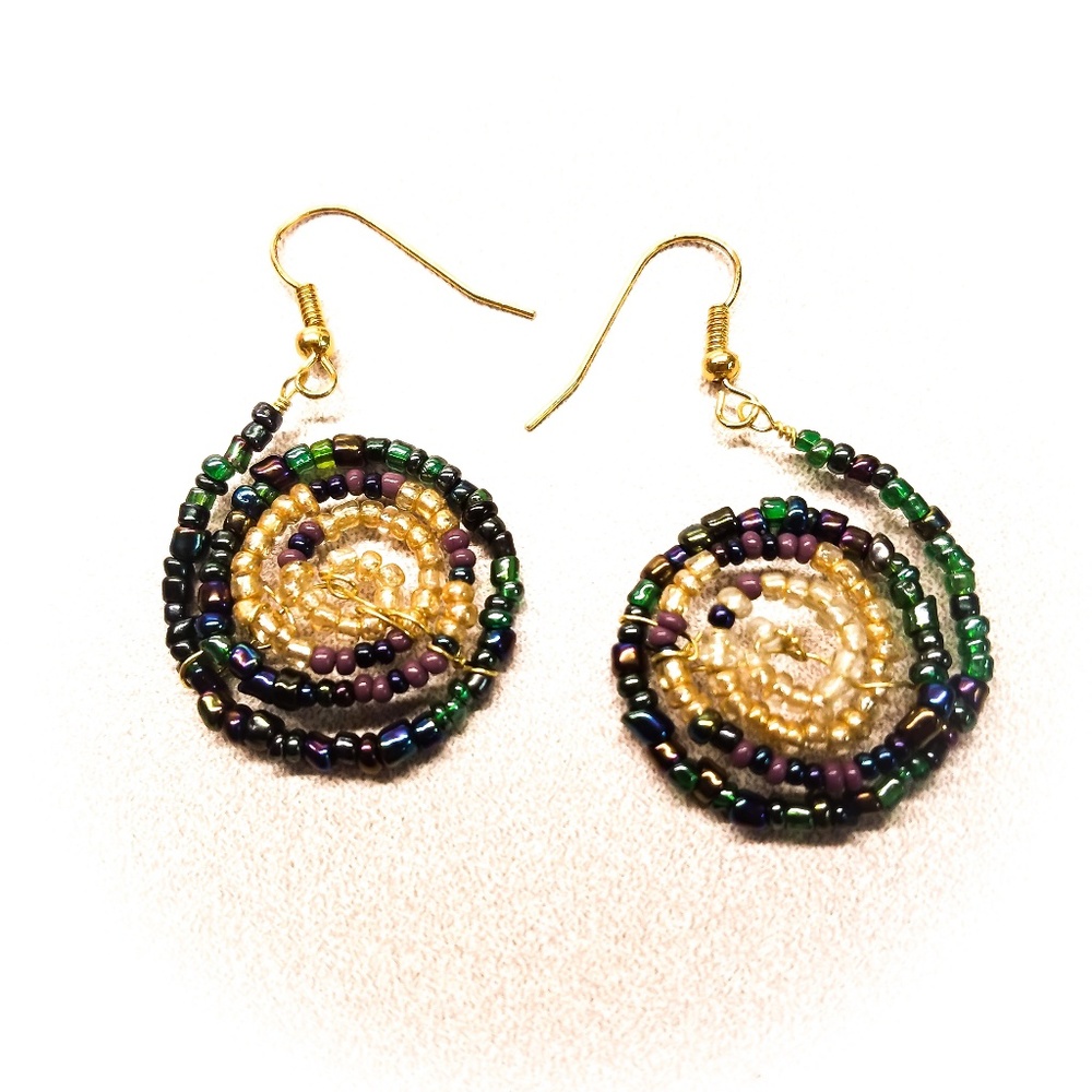 Gold and Multi-Color Beaded Spiral Drop Earrings